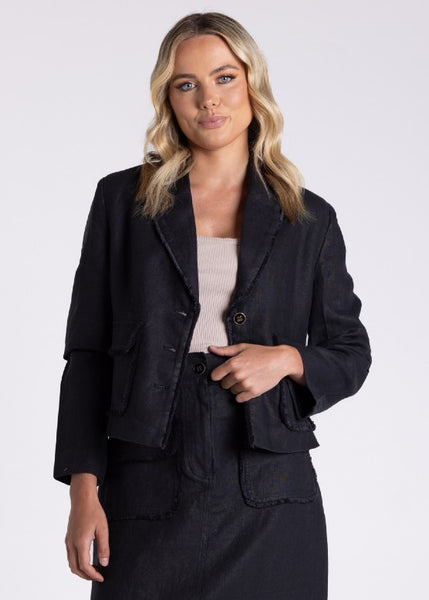 TWO-T's</p>Crop Tweed Linen Jacket with Fringe</p>(Black)
