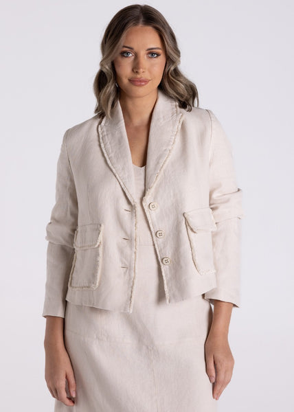 TWO-T's</p>Crop Tweed Linen Jacket with Fringe</p>(Natural)