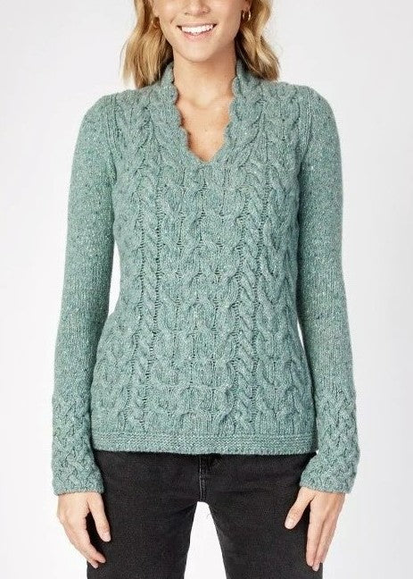 IrelandsEye</p>Horseshoe Cable V Neck Sweater</p>(Ocean Mist)