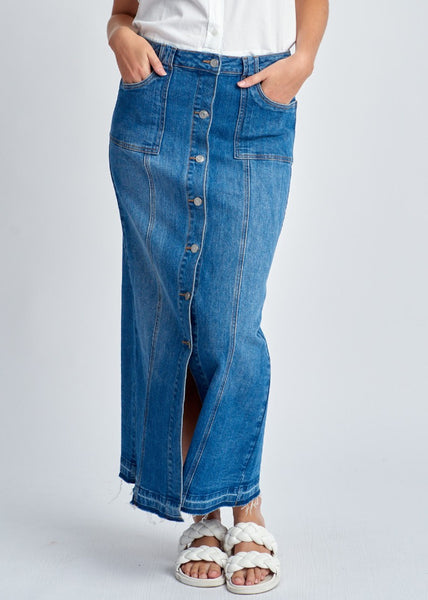 SALE  |  Cloth+Paper+Scissors</p>Denim Maxi Skirt</p>(Medium Blue)</p>Available: size 8