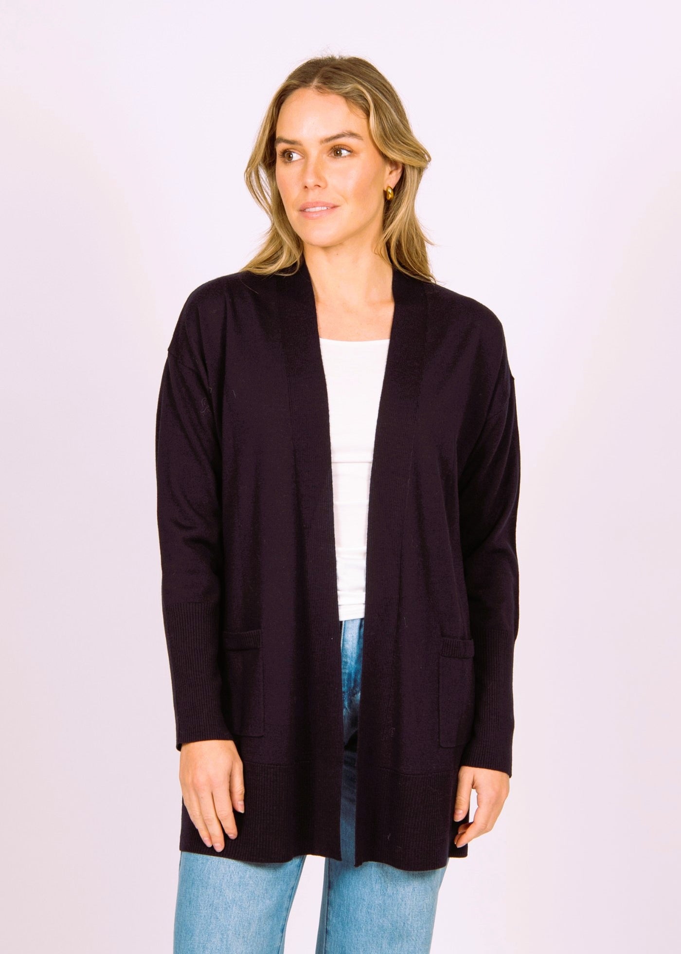 Mae</p>Long Line Rib Trim Cardigan</p>(Black)