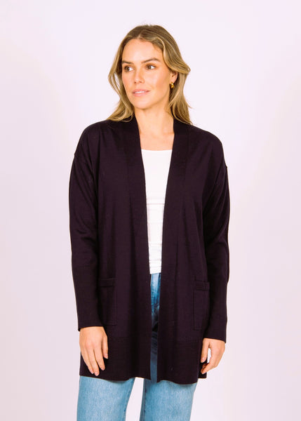 Mae</p>Long Line Rib Trim Cardigan</p>(Black)