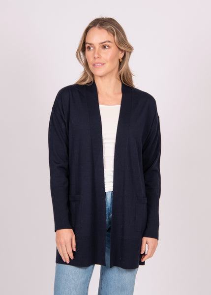 Mae</p>Long Line Rib Trim Cardigan</p>(Navy)