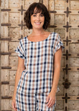 See Saw</p>Button Back Cap Sleeve Top</p>(Navy / Bronze Check)