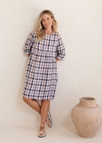 See Saw</p>3/4 Sleeve Button Back Dress</p>(Navy / Bronze Check)
