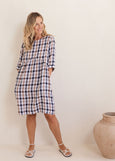 See Saw</p>3/4 Sleeve Button Back Dress</p>(Navy / Bronze Check)