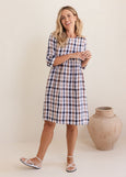 See Saw</p>3/4 Sleeve Button Back Dress</p>(Navy / Bronze Check)