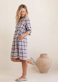 See Saw</p>3/4 Sleeve Button Back Dress</p>(Navy / Bronze Check)