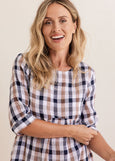 See Saw</p>3/4 Sleeve Button Back Dress</p>(Navy / Bronze Check)