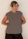 See Saw</p>Button Detail Cap Sleeve Top</p>(Black / Natural Stripe)