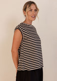 See Saw</p>Button Detail Cap Sleeve Top</p>(Black / Natural Stripe)