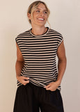 See Saw</p>Button Detail Cap Sleeve Top</p>(Black / Natural Stripe)