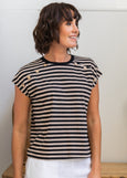 See Saw</p>Button Detail Cap Sleeve Top</p>(Black / Natural Stripe)