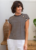 See Saw</p>Button Detail Cap Sleeve Top</p>(Black / Natural Stripe)