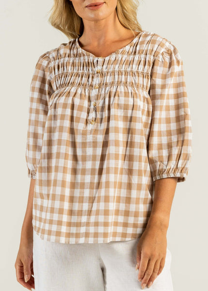 SALE  |  Mae</p>Shirring Detail Top</p>(Toffee / White)</p>Available: size 10 & 12