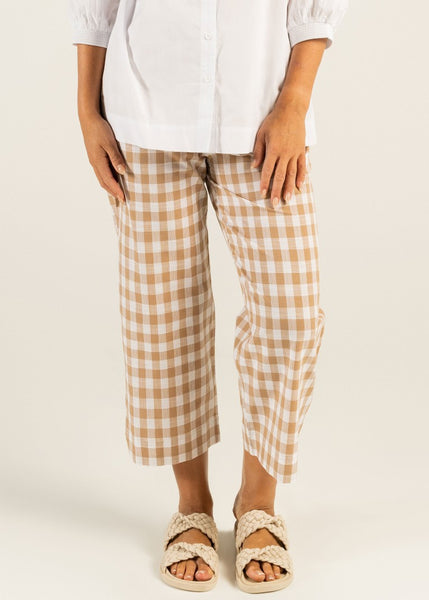 SALE  |  Mae</p>7/8 Check Flat Front Pant</p>(Toffee / White)</p>Available: size 8 & 10