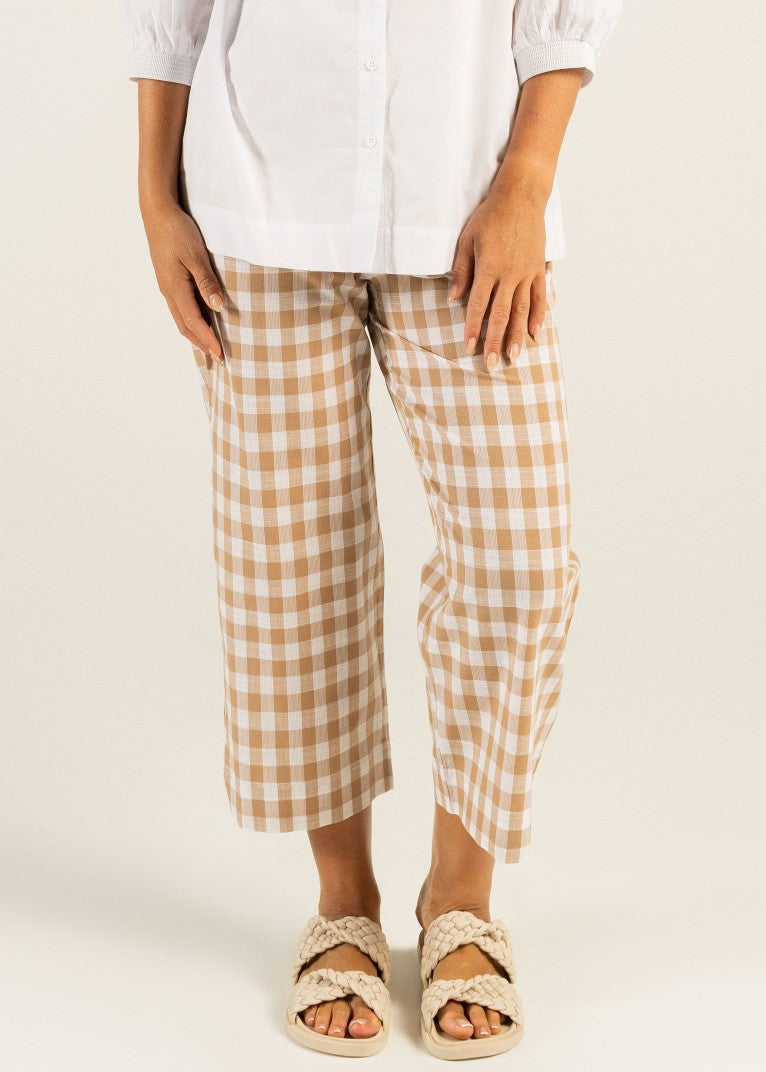 SALE  |  Mae</p>7/8 Check Flat Front Pant</p>(Toffee / White)</p>Available: size 8 & 10