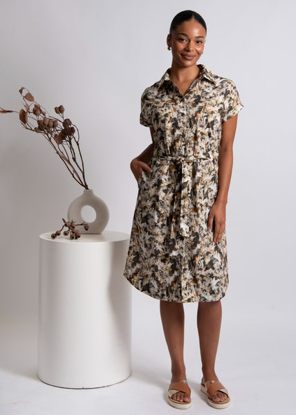 Mae</p>Print Shirt Dress with Tie</p>(Olive Combo)