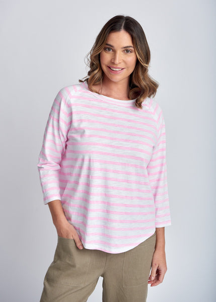 Cloth+Paper+Scissors</p>Stripe 3/4 Sleeve Raglan Tee</p>(White / Lolly Pink)