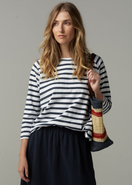 Cloth+Paper+Scissors</p>Stripe 3/4 Sleeve Raglan Tee</p>(White/Parisian Navy)