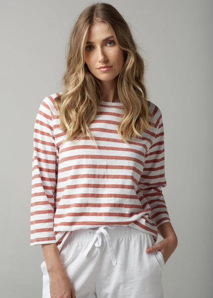 Cloth+Paper+Scissors</p>Stripe 3/4 Sleeve Raglan Tee</p>(White/Terracotta)