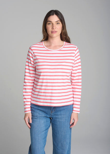 Cloth+Paper+Scissors</p>Straight Cut Stripe Tee</p>(White / Coral)