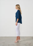 Homes & Fallon</p>Seersucker Blouse with Neck Tie</p>(Navy)