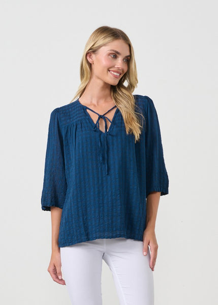 Homes & Fallon</p>Seersucker Blouse with Neck Tie</p>(Navy)