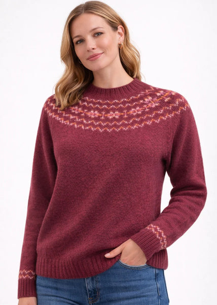Harley Of Scotland</p>Fairisle Yoke Crew Neck Sweater</p>(Claret)