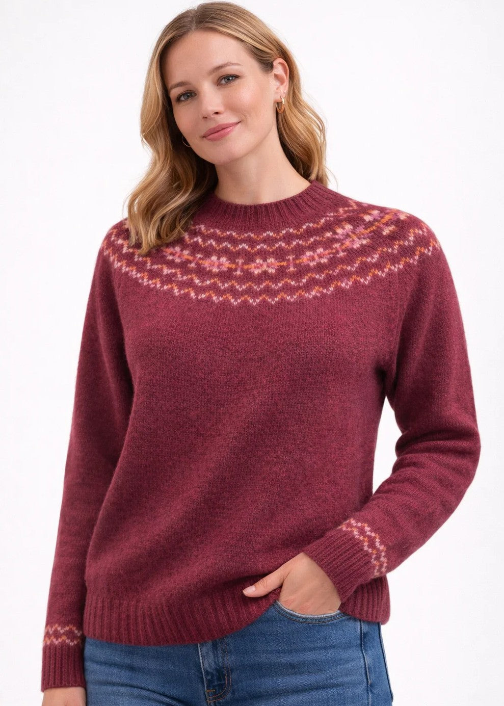 Harley Of Scotland</p>Fairisle Yoke Crew Neck Sweater</p>(Claret)