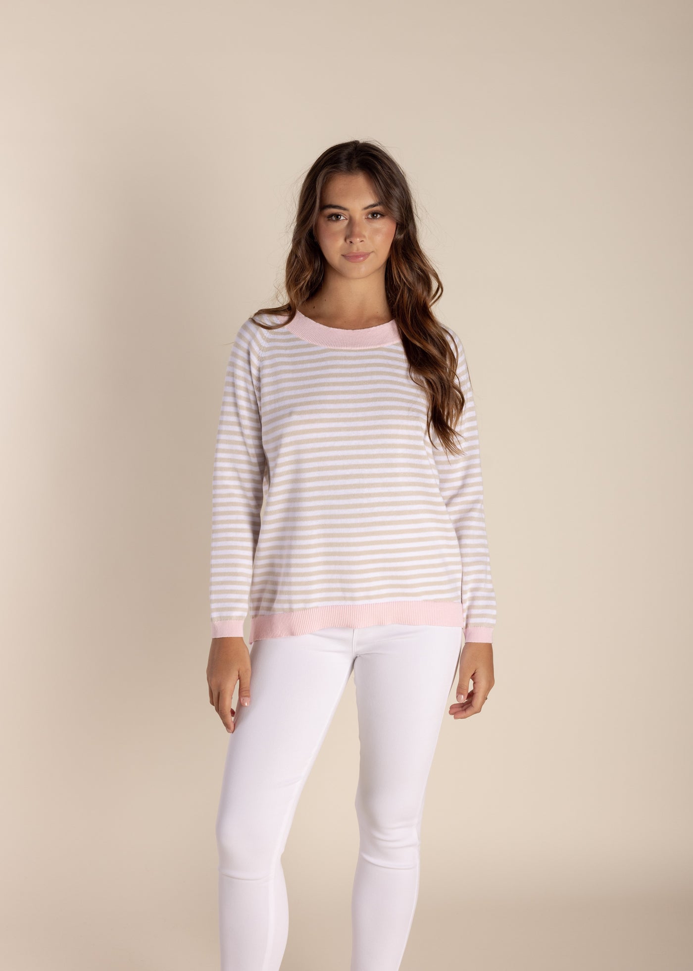SALE  |  Two T's</p>Stripe Sweater with Tipping</p>(Stone/White with Pale Pink)