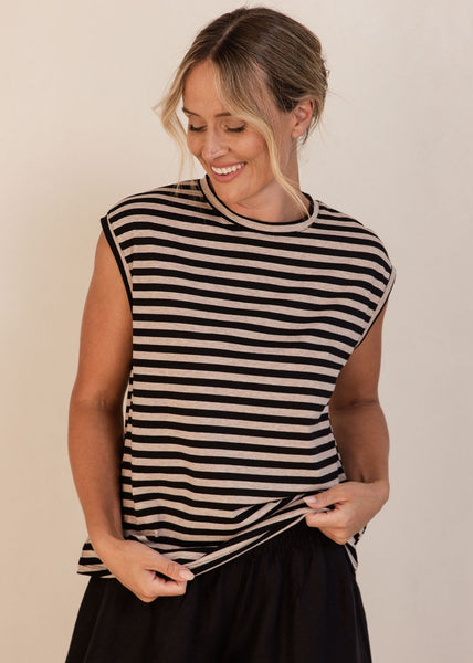 See Saw</p>Button Detail Cap Sleeve Top</p>(Black / Natural Stripe)
