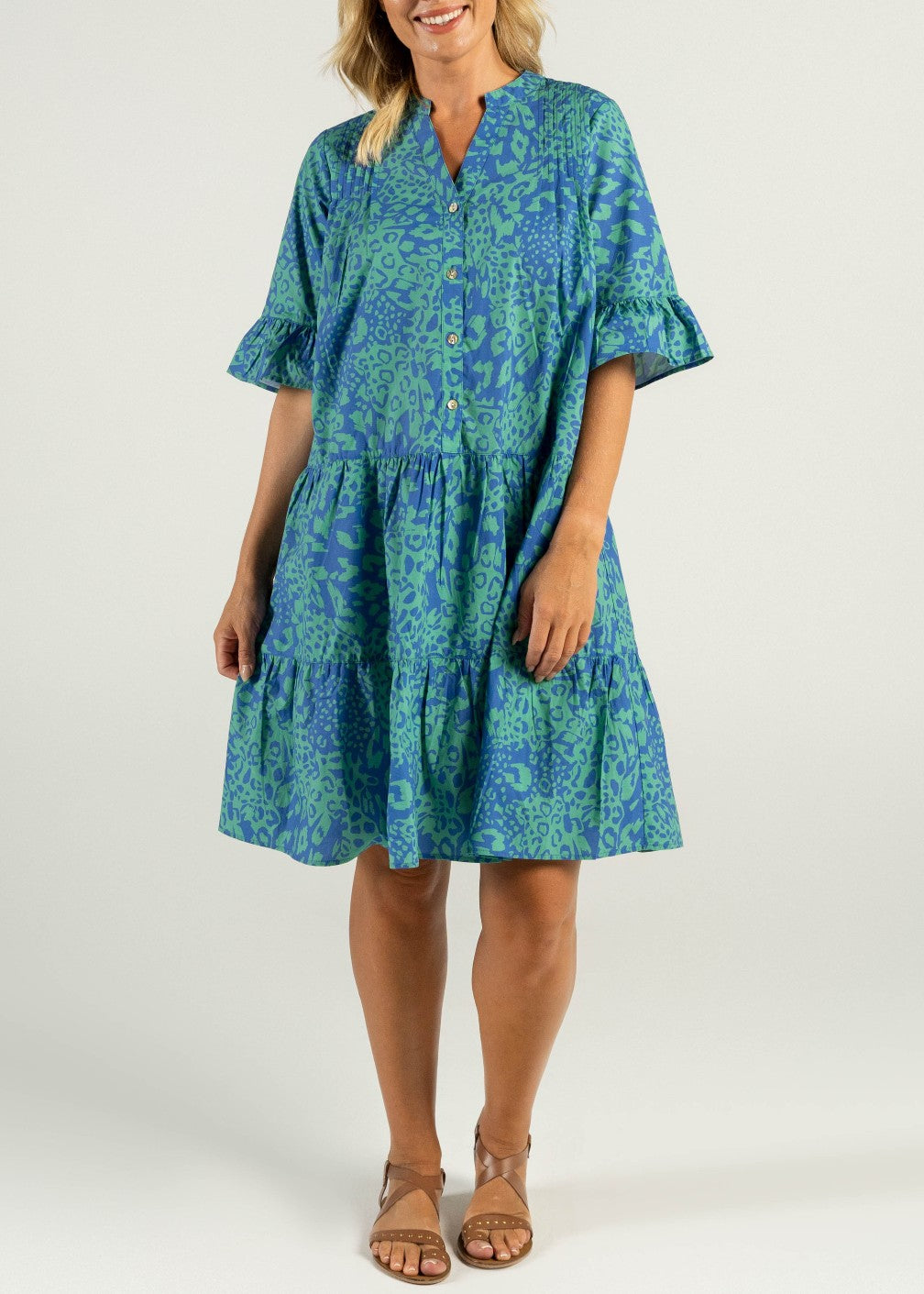 SALE  |  Mae</p>3/4 Flutter Sleeve Tier Dress</p>(Blue / Turquoise)