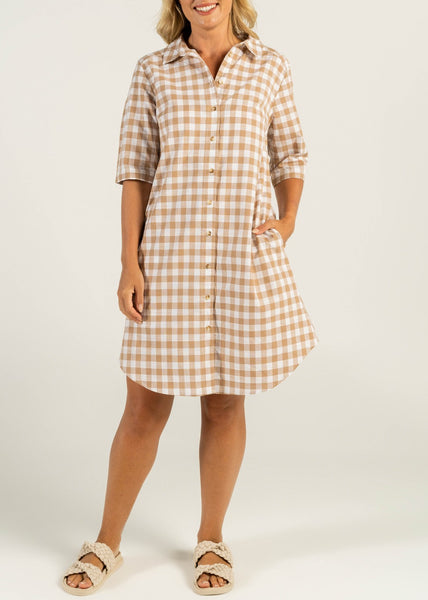 Mae</p>3/4 Sleeve Shirtmaker Dress</p>(Toffee / White)