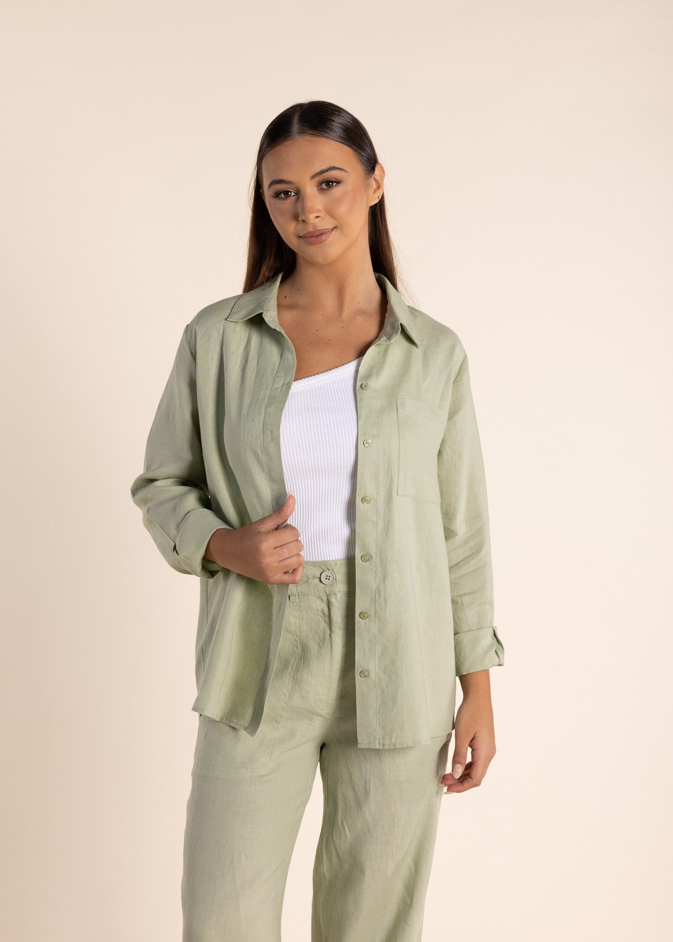 SALE  |  TWO-T's</p>Linen Shirt</p>(Avocado)