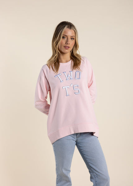 TWO-T's</p>College Embroidered Logo Sweat Shirt</p>(Pale Pink)